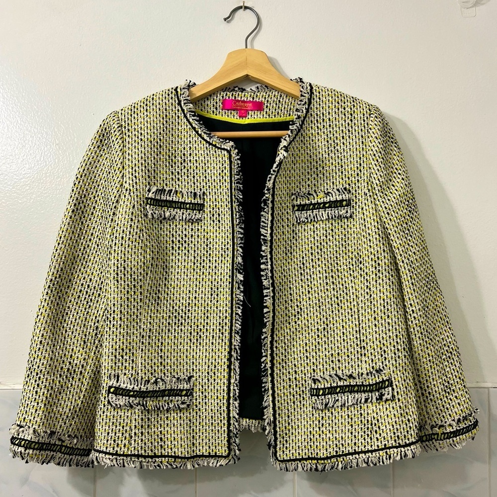 Catherine Malandrino 10 Fringe Black Yellow Career Office Academia Cotton Blazer